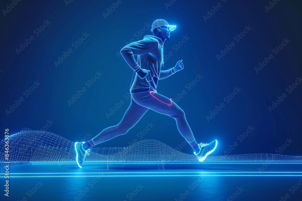Poster runner with blue neon light trails, capturing speed and energy in a futuristic and dynamic setting