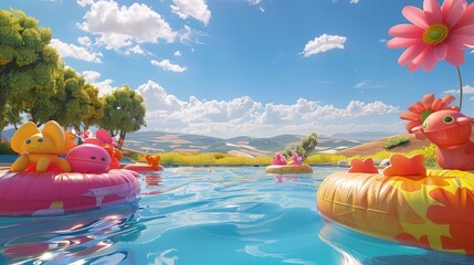 A vivid 3D depiction of a sunny pool day, showcasing a collection of swimming rings shaped like animals and flowers, adding a playful touch to the beautiful pool view.