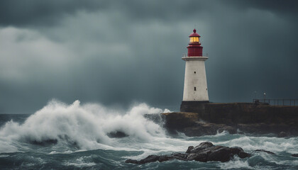 A lighthouse standing tall against a stormy sea 
