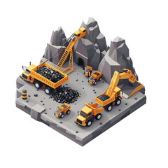 A square base with gray stone, on top of which there is an excavator and other trucks carrying coal. As for the design style
