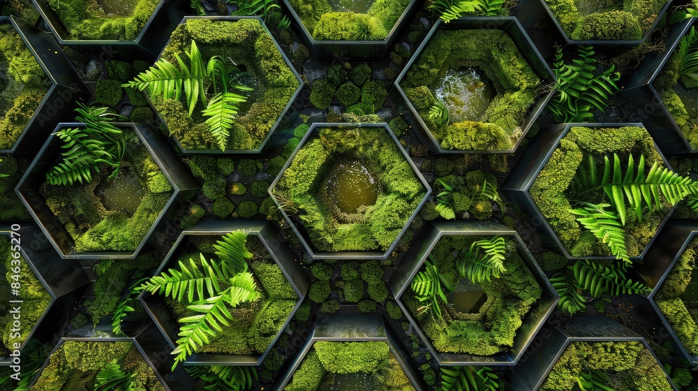 Poster an aerial view of a geometric planting garden with a hexagonal pattern of moss and ferns, each segme