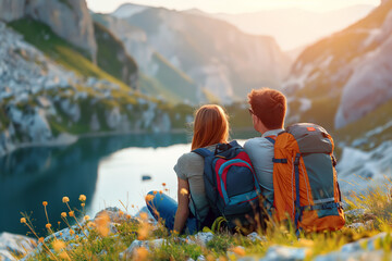 A diverse group of friends enjoys a relaxing Labor Day weekend camping trip at a breathtaking national park. The golden light of the setting sun paints the lush green meadows