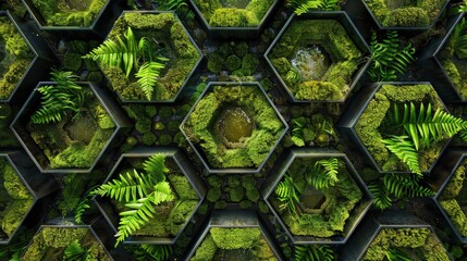 An aerial view of a geometric planting garden with a hexagonal pattern of moss and ferns, each segment highlighted by the shimmer of morning dew.