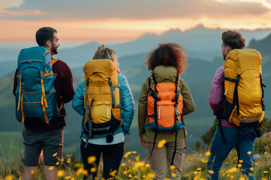 A diverse group of friends enjoys a relaxing Labor Day weekend camping trip at a breathtaking national park. The golden light of the setting sun paints the lush green meadows