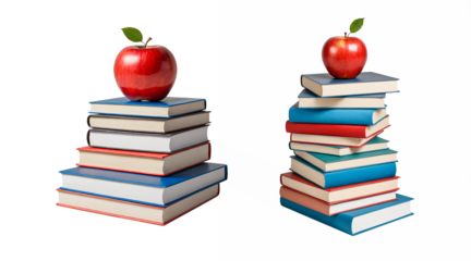 Pile of school books with red apple on top, back to school,  png isolated background
