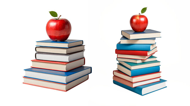 Pile of school books with red apple on top, back to school,  png isolated background