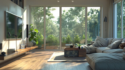 A modern living room with large windows and abundant natural light, captured in HD