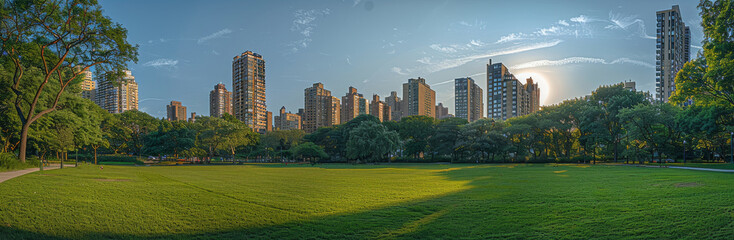 Obraz premium A panoramic view of a city park surrounded by high-rise buildings, with copy space. Generative AI.