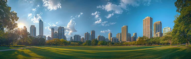 Obraz premium A panoramic view of a city park surrounded by high-rise buildings, with copy space. Generative AI.
