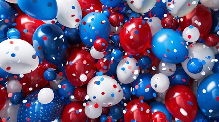 A scene with a plethora of red, white, and blue balloons and festive decorations, evoking a jubilant party ambiance with a photorealistic approach