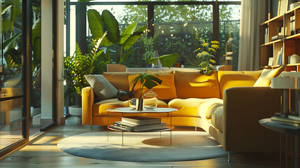 Fototapeta premium A modern living room with a bright and inviting atmosphere, featuring minimalist furniture and lots of natural light, captured in HD