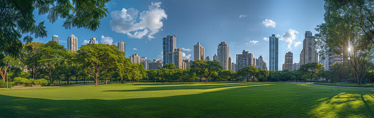 Obraz premium A panoramic view of a city park surrounded by high-rise buildings, with copy space. Generative AI.