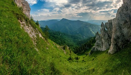 Mountain landscape with forest situated in the Velka Fatra mountain range in the Turiec Region, Slovakia. Hiking in the magical mountains.