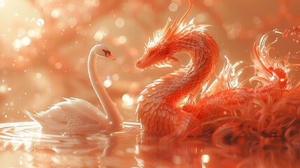 A serene dragon resting beside a calm swan on a solid bright amber background