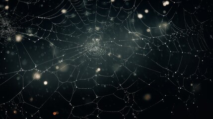 Spider web with dew drops on a black background. Halloween, decoration and horror concept. Cobwebs in the rain