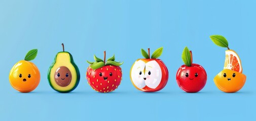 A variety of fruits, including an orange, avocado, strawberry, apple, cherry, and lemon, are arranged in a row against a blue background.