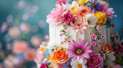 A cake with a variety of flowers on it, including pink and yellow roses
