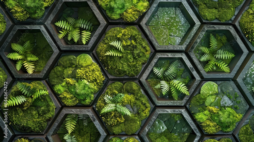 Poster an aerial view of a geometric planting garden with a hexagonal pattern of moss and ferns, each segme