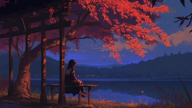 A girl sitting on a park bench under a tree, watching the dusk sky, perfect for lofi music background. Seamless looping time-lapse animation.
