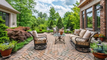 Fototapeta premium An elegant brick patio with luxurious patio furniture and plush cushions, surrounded by a lush green landscape, offering a peaceful outdoor living space.