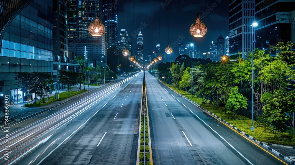 Poster an empty highway at night, lined with modern city buildings on one side and green trees on the other