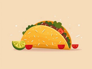 Tasty taco with lime and tomatoes. Traditional mexican food. Vector illustration.