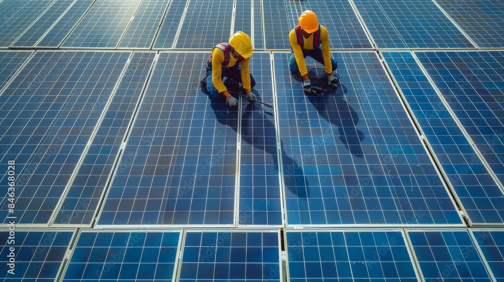 Poster Installation workers are installing solar panels, top view. Generative AI.