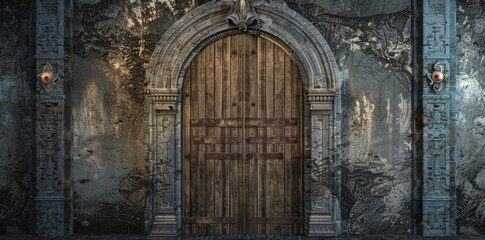 Fototapeta premium Brown Wooden Door with Brickwork Symmetry concept
