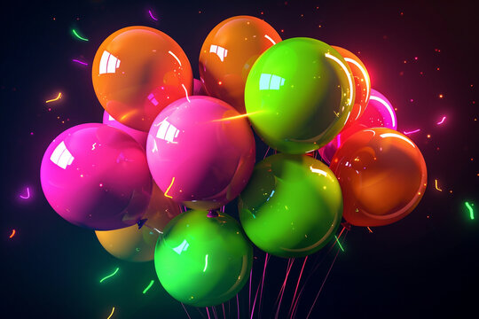 A cluster of balloons in vibrant neon colors (green, orange, pink), arranged randomly against a matte black background, with neon lights casting colorful glows.