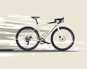 The image is a minimalist drawing of a bicycle. It is white with black wheels and a black seat. The bike is in motion. The background is a light gray.