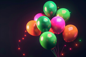 A cluster of balloons in vibrant neon colors (green, orange, pink), arranged randomly against a matte black background, with neon lights casting colorful glows.