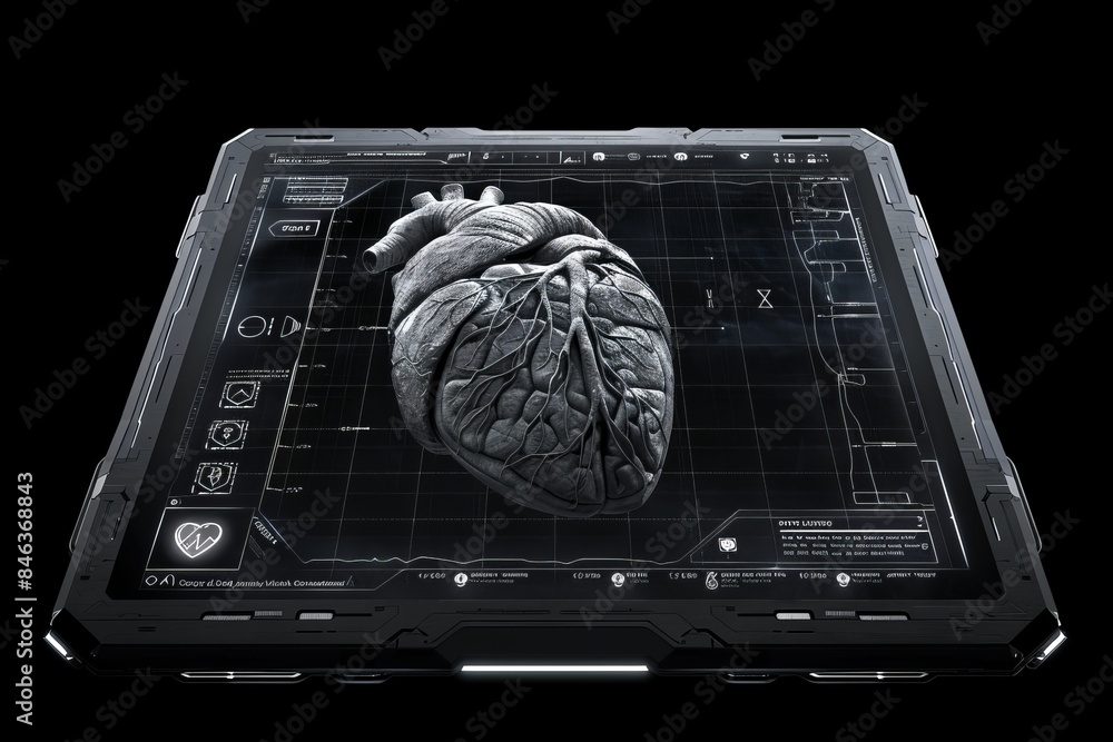 Poster 3d rendered human heart model on holographic digital display with futuristic interface elements