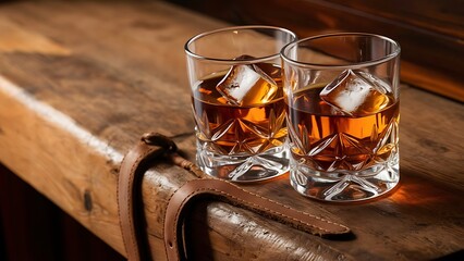 Horizontal studio shot of glasses of whiskey with ice on wooden counter