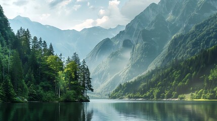 Fototapeta premium The mountain landscape and the river are in the foreground the mountain slopes are covered with green trees summer day mountain landscape : Generative AI