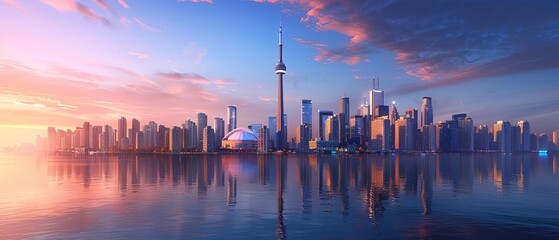 A tall tower standing proudly as an urban landmark amidst the dynamic Canadian cityscape, emphasizing its sleek, contemporary design in a vibrant CG 3D