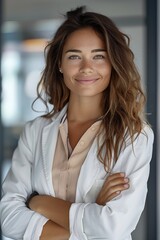 A female expert, confident smile, clean and concise background. Generative AI.