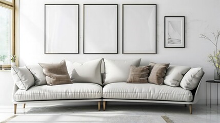 Curved loveseat sofa against white wall with frames. Scandinavian home interior design of modern living room.