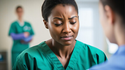 Fototapeta premium Close-up of a sick person wearing a hospital gown, closing her eyes and feeling stressed