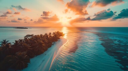 Fantastic aerial sunset of beautiful Maldives paradise tropical beach Amazing colorful sea sky bay...