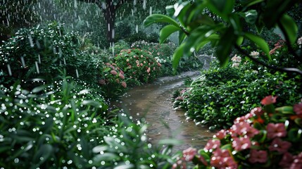 Fototapeta premium Envision a serene cottage garden, where raindrops delicately cascade over dense foliage and blooming flowers. The garden paths wind through the lush greenery
