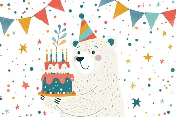 Cute Polar Bear Wearing Party Hat Holding Birthday Cake on Colorful Patterned Background