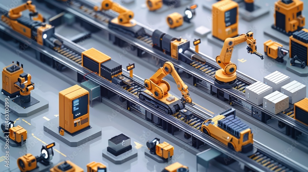 Aufkleber Factory automation of production processes, AVG and other intelligent machine handling, illustration form. isometric, 3D. Generative AI.