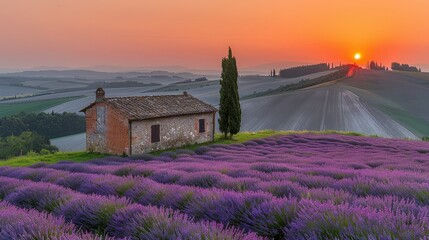 Serene countryside with a rustic house surrounded by lavender fields at sunset, creating a tranquil and picturesque scene.