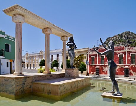 Square with fountain and statgue in Alange, Extremadura - Spain