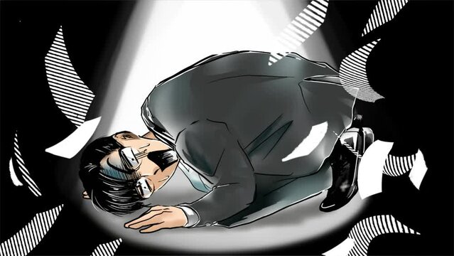 ギャンブルで大損失お札が舞うイラストと泣き崩れるスーツ姿の会社員のアニメ