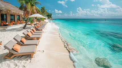 Naklejka premium Sun loungers under umbrellas by crystal clear turquoise water on a tropical beach with palm trees and white sand.