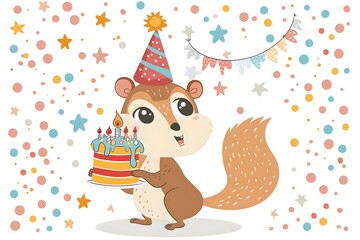 Fototapeta premium Adorable Chipmunk Celebrating Birthday with Cake and Party Hat