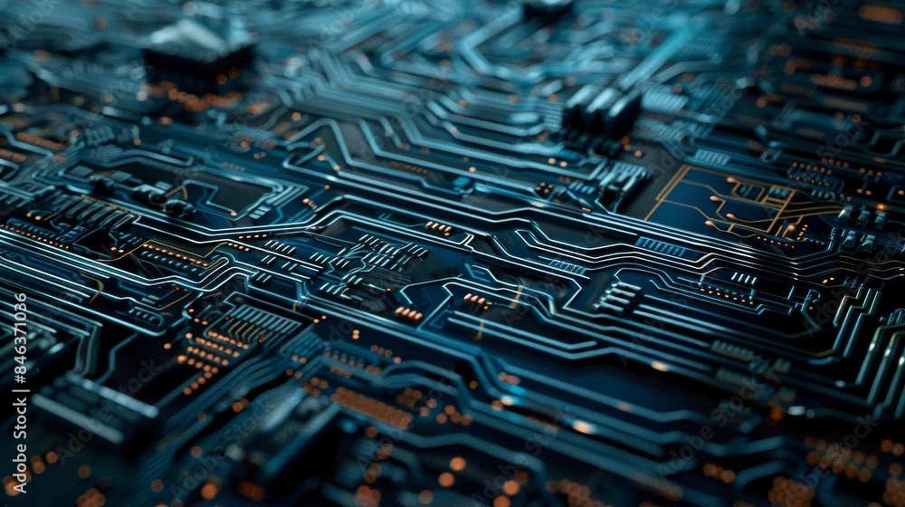 Poster a close up of a circuit board with many small black and orange components