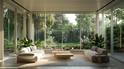 Fototapeta premium A sunroom with a modern minimalist design, featuring sleek furniture, neutral tones, and large windows offering a view of the garden