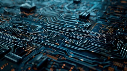 A close up of a circuit board with many small black and orange components